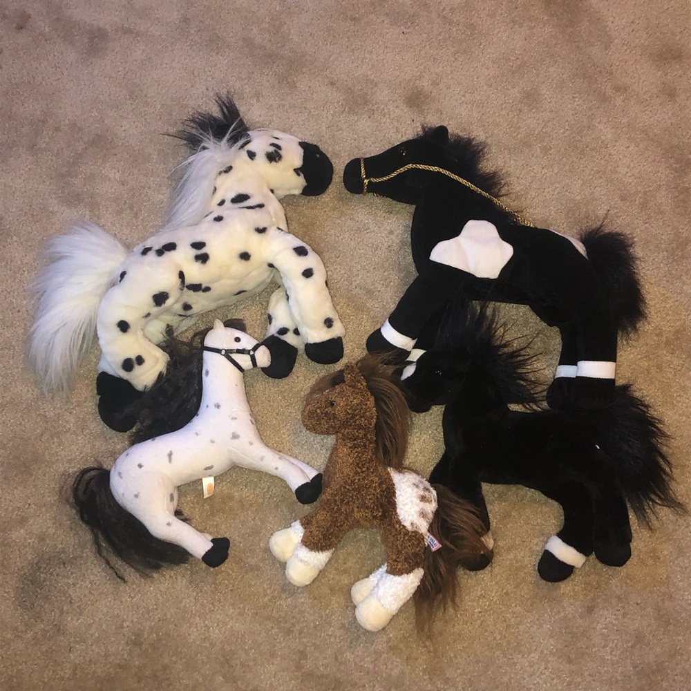 Lot of 5 Vintage Horse Toys Brown Black White Stuffed Animal Plushies